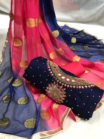 Beautifull Blue Color Handwork Embroidered Modal Chanderi Silk Dress Material