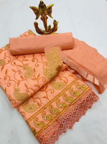 Brilliant Peach Color Cotton Embroidered Work Dress Material For Women