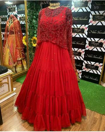 Enchanting Red Color Wedding Wear Georgette Sequence Embroidered Fancy Work Koti Gown For Women