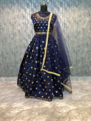 Superlative Navy Blue Color Function Wear Embroidered Work Satin Silk Lehenga Choli