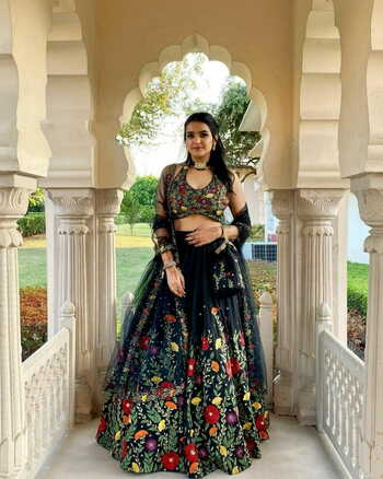 Exceptional Black Color Flower Printed Silk Function Wear Lehenga Choli