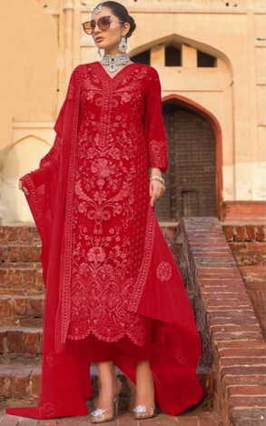 Magnetic Barn Red Color Festive Wear Heavy Soft Net Stone Embroidered Work Salwar Suit