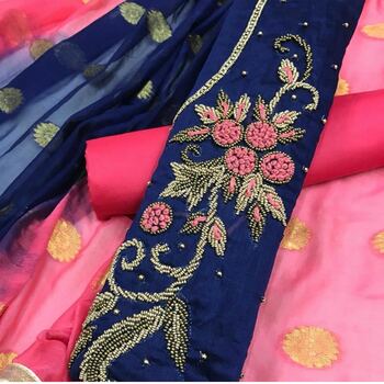 Gorgeous Navy Blue Colored Embroidered Chanderi Silk Dress Material