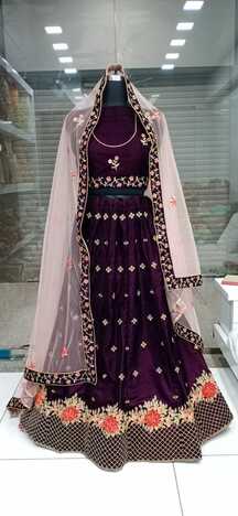 Party Wear Wine Velvet Embroidered Work Fancy Lehenga Choli Pattern For Women