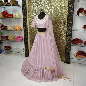 Wedding Wear Sand Pink Georgette Embroidered Work Lehenga Choli For Women