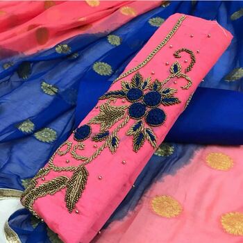 Sky Blue Fashion Pink Color Chanderi Silk UnStitched Dress Material