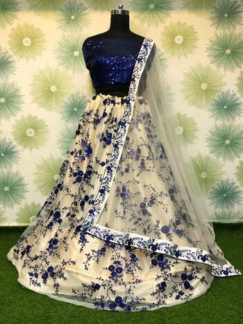 Trendy Navy Blue Color Sequence Embroidered Work Net Lehenga Choli