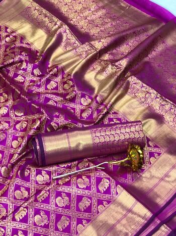 Desirable Violet Color Rich Pallu Jacquard Minakari Work Banarasi Silk Saree Blouse For Wedding Wear