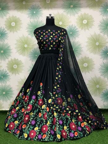 Exceptional Black Color Flower Printed Silk Function Wear Lehenga Choli