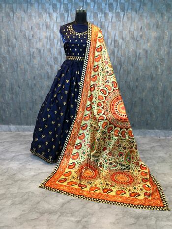 Appealing Navy Blue Color Satin Silk Embroidered Work Choli For Women