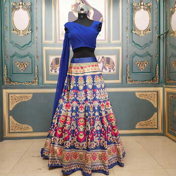 Entrancing Royal Blue Color Festive Wear Digital Printed Gotta Satin Lehenga Choli For Women