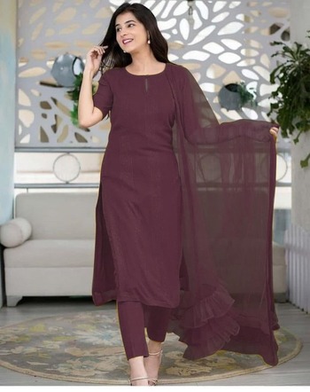 Wine Color Ready Made Rayon Thread Work Salwar Suit