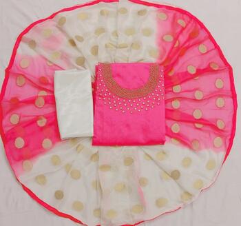 Baby Pink And White Chanderi With Khatli Hand Work UnStitched Suits For Women