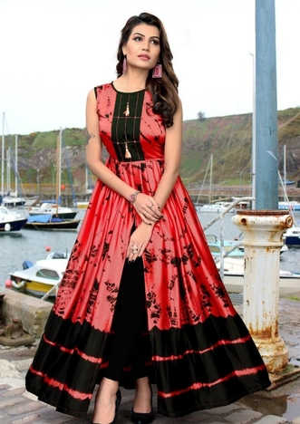 Radiant Red Color Festive Wear Ready Made Satin Digital Printed Gown Design