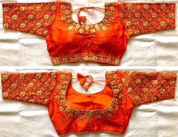 Unique Orange Fentam Silk Golden Work Full Stitched Blouse Design Online