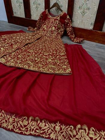 Function Wear Red Color Embroidered Work Designer Georgette Indo Western Lehenga For Women