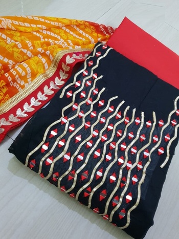 Black Chanderi Silk Embroidered Dress Material With Bandhej Print Dupatta