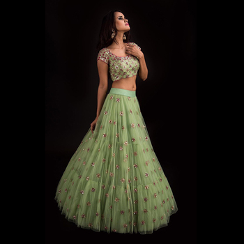 Elegant Green Color Net Embroidered Work Festive Wear Lehenga Choli