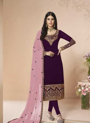 Lovely Wine Color Georgette Embroidered Work Salwar Suit Design For Women
