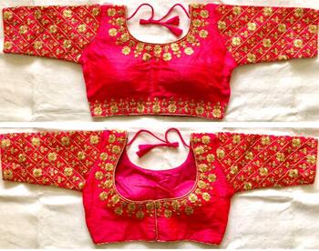 Party Wear Rani Pink Fentam Silk Readymade Golden Work Blouse Design Online
