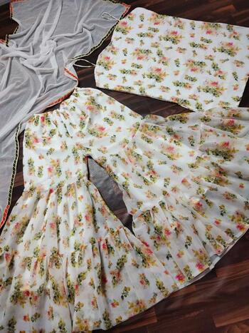 White Designer Georgette Digital Flower Printed Ready Made Plazo Salwar Suit For Women