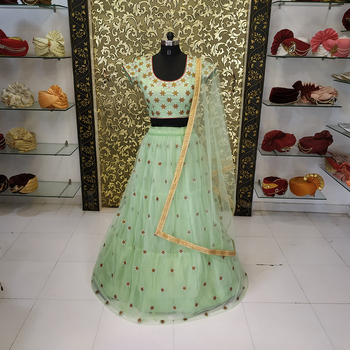 Elegant Green Color Net Embroidered Work Festive Wear Lehenga Choli