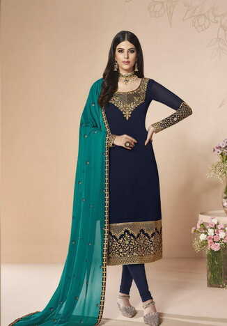 Navy Blue Georgette Embroidered Work Salwar Suit Design For Women
