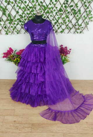 Flattering Violet Color Designer Tissue Net Ruffle Ready Made Sequence Work Wedding Wear Lehenga Choli