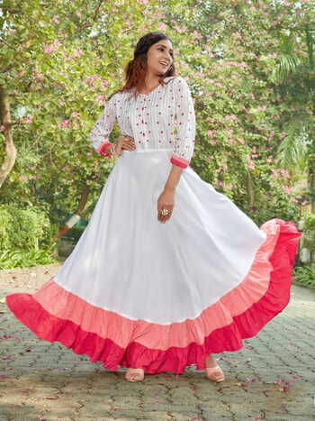 Absorbing White Color Rayon Foil Printed Full Stitched Long Gown For Festive Wear
