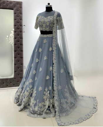 Engrossing Grey Color Function Wear Soft Net Embroidered Work Lehenga Choli