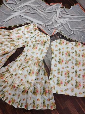 White Designer Georgette Digital Flower Printed Ready Made Plazo Salwar Suit For Women