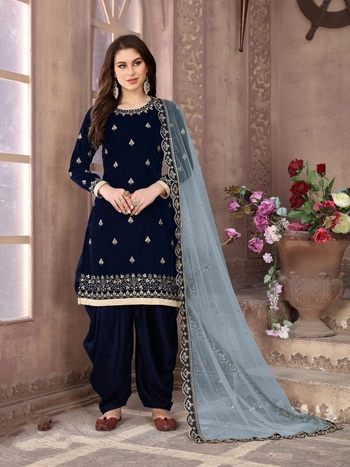 Lovely Blue Velvet Embroidered Work Salwar Suit Design Online