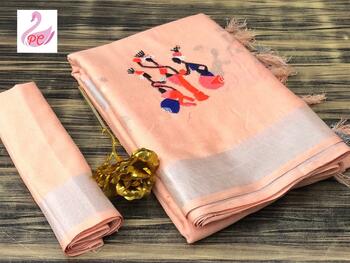 Function Wear Peach Color Linen Cotton Saree Online Design