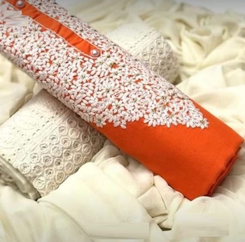 Beautifull Designer Orange Colour Emb Cotton Dress Material