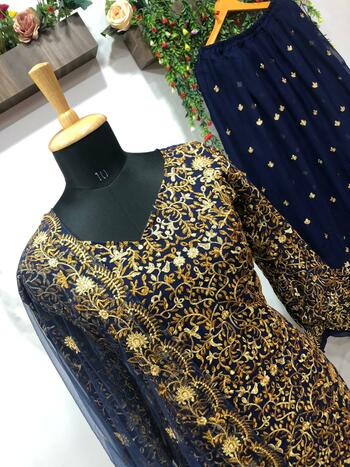 Winning Navy Blue Color Georgette Designer Thread Work Indo Western Function Wear Lehenga