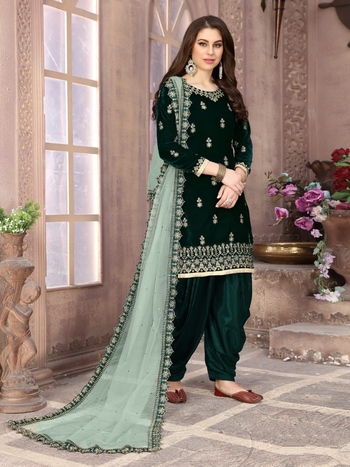 Dark Green Designer Velvet Embroidered Work Salwar Suit Design Online