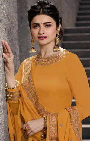 Admirable Apricot Color Designer Embroidered Work Satin Georgette Salwar Suit For Wedding Wear