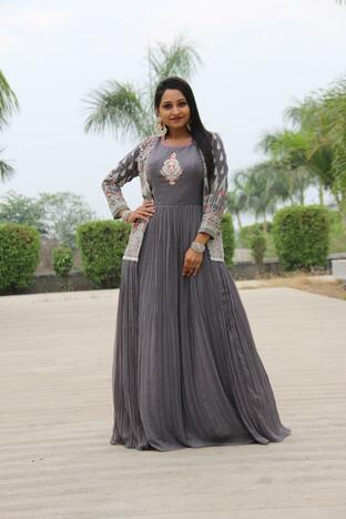 Winsome Grey Color Full Stitched Georgette Fancy Embroidered Work Gown Koti For Function Wear