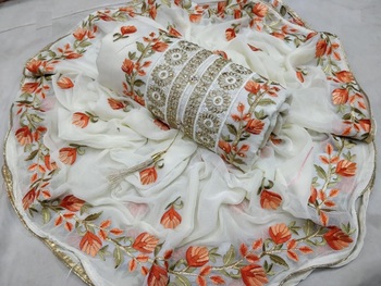 White Orange Chanderi Silk With Pink Embroidred Flower Work Dress Material
