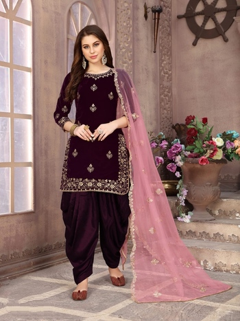 Party Wear Wine Color Velvet Embroidered Work Salwar Suit Design Online