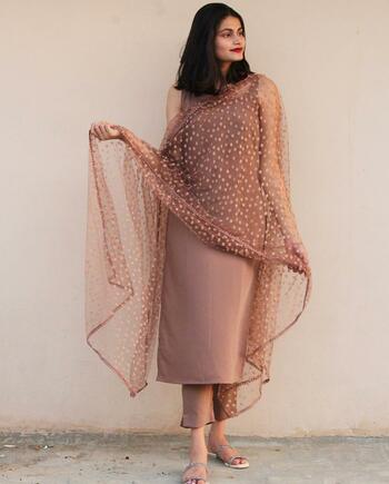 Beige Ready Made Fancy Cotton Silk Plain Design Plazo Salwar Suit For Festive Wear