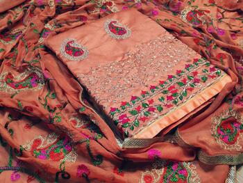 Stylish Peach Color Modal Chanderi Silk Embroidered Dress Material