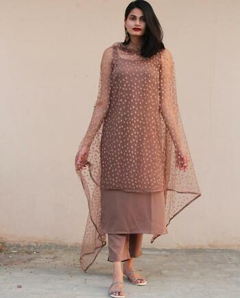 Beige Ready Made Fancy Cotton Silk Plain Design Plazo Salwar Suit For Festive Wear