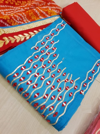 Blue Chanderi Silk Embroidered Dress Material With Bandhej Print Dupatta