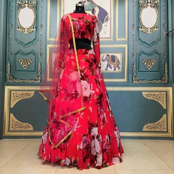 Appealing Red Color Wedding Wear Digital Printed Fancy Georgette Lehenga Choli