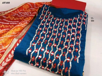 Blue Chanderi Silk Embroidered Dress Material With Bandhej Print Dupatta