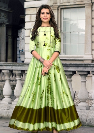 Stylish Green Color Japan Satin Digital Printed Ready Made Gown For Party Wear