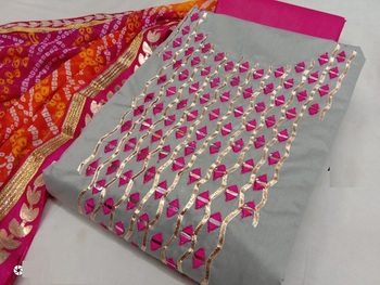 Grey Chanderi Silk Embroidered Dress Material With Bandhej Print Dupatta
