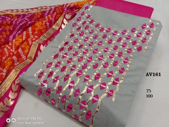 Grey Chanderi Silk Embroidered Dress Material With Bandhej Print Dupatta