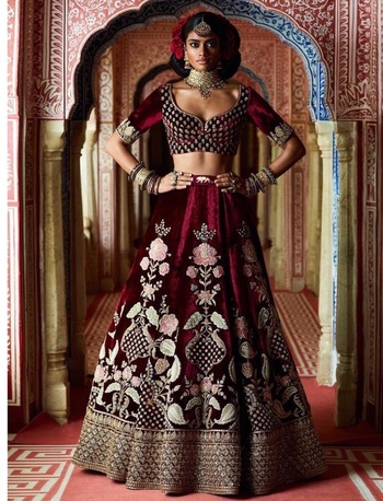 Magnificent Maroon Color Festive Wear Velvet Designer Embroidered Work Lehenga Choli For Women